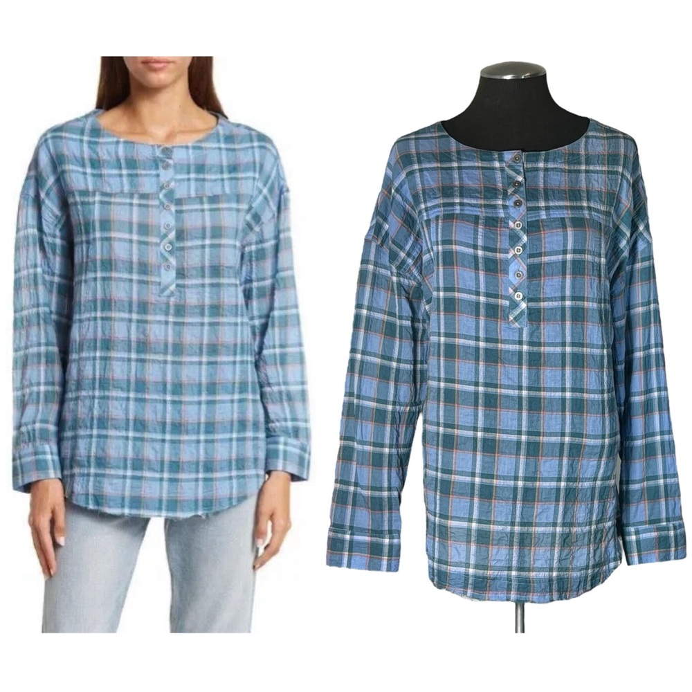 Beachlunchlounge - Mia Plaid Cotton Pucker Long Sleeve Top - Large - NWT